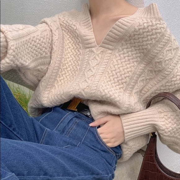 Sweater cable knit twist chunky khaki cream thick long sleeve winter v-neck - Picture 9 of 9